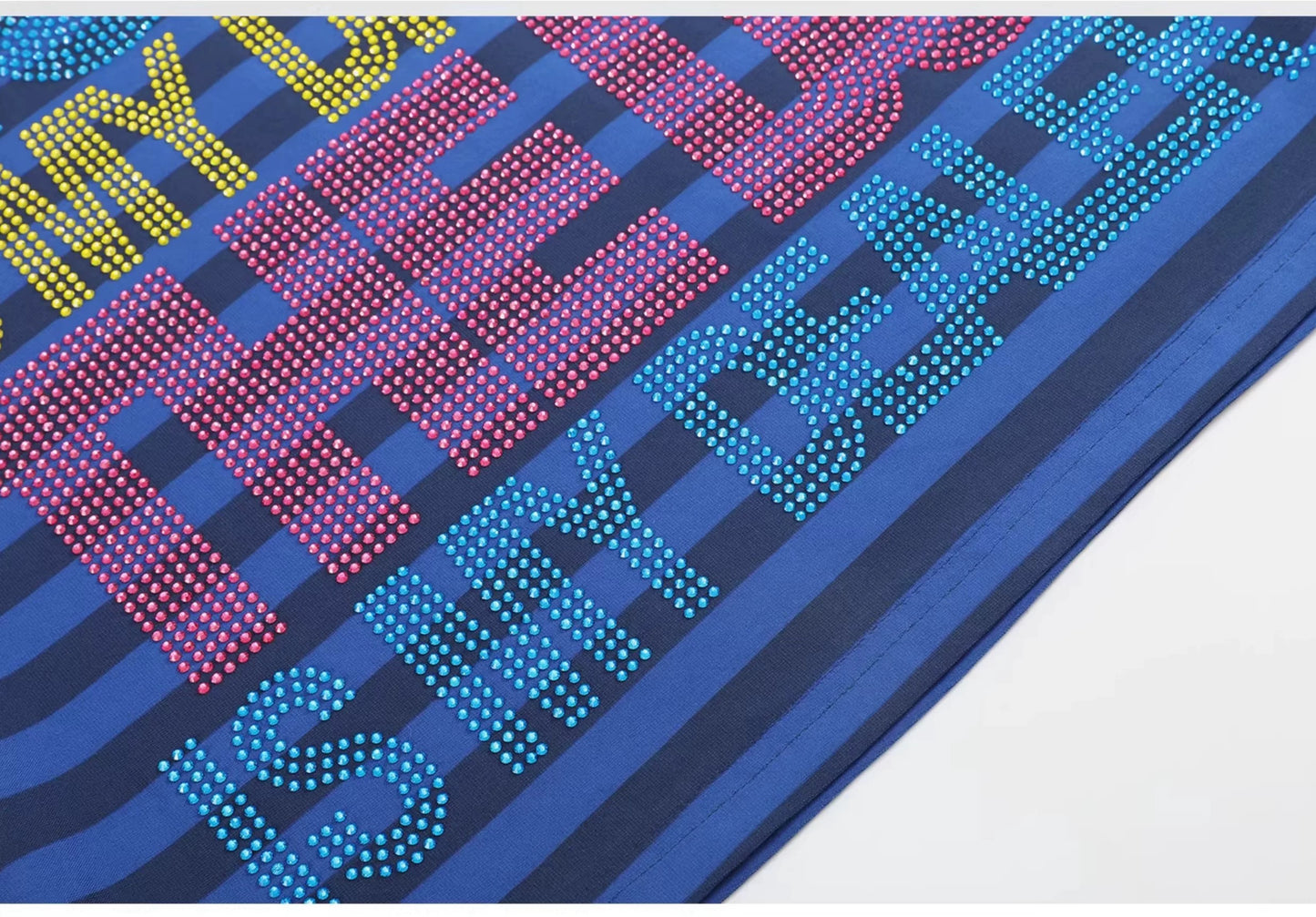 noE "MUSIC DRUG" Slogan Striped Tee - Vibrant Rhinestone Graphic Slim T-Shirt