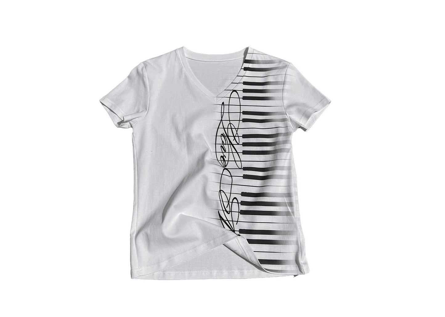 no E mosen "LovE Music" Rhinestone Baby Tee - Piano Keys Script V-Neck Slim Top