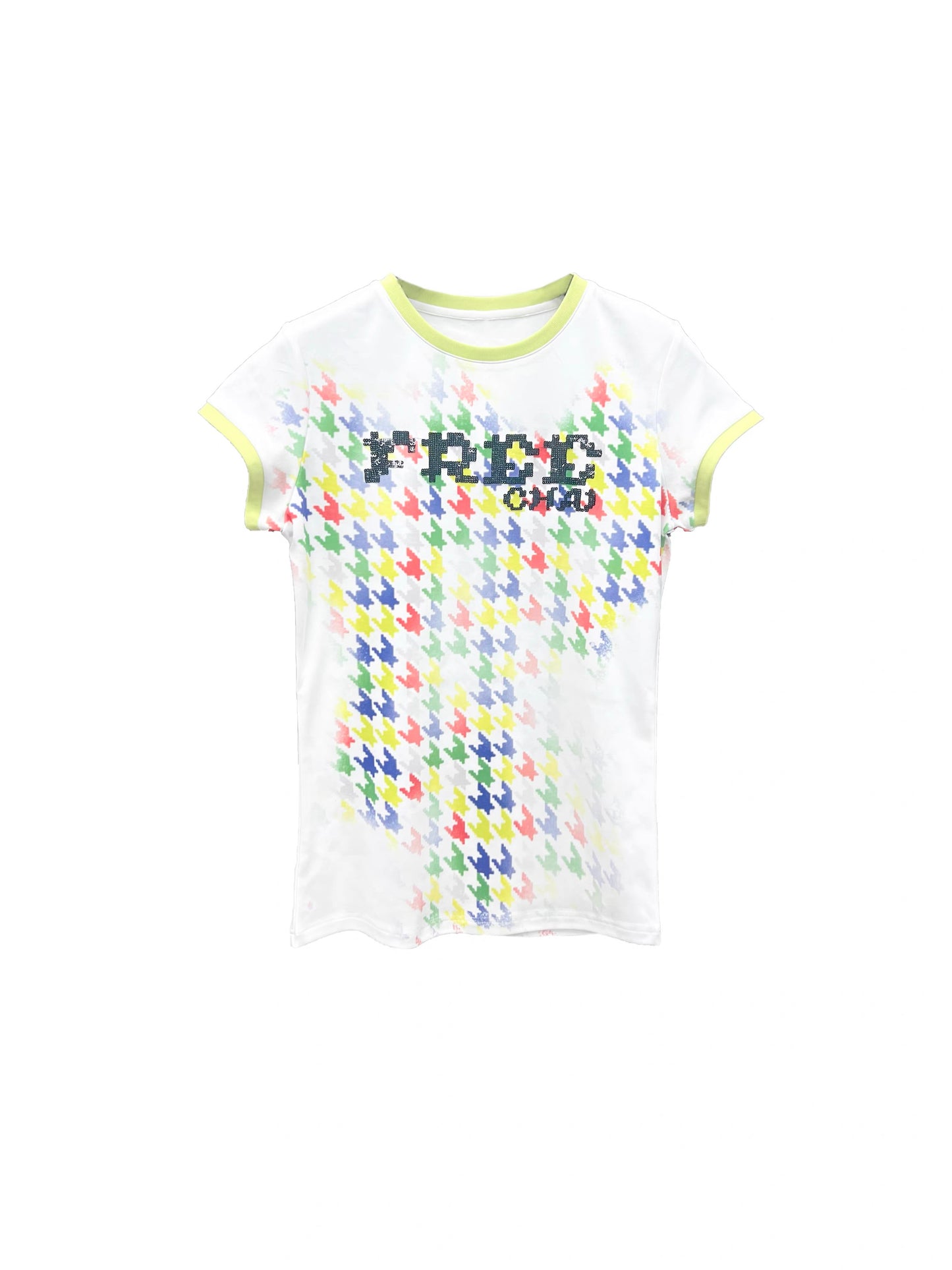 CHAI SS26 "Free" Houndstooth Sequin Tee - Deconstructed Contrast Embroidered Shirt