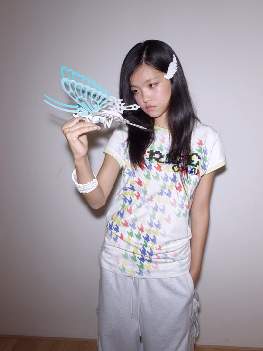 CHAI SS26 「フリー」千鳥格子スパンコールTシャツ - デコンストラクテッド コントラスト刺繍シャツ