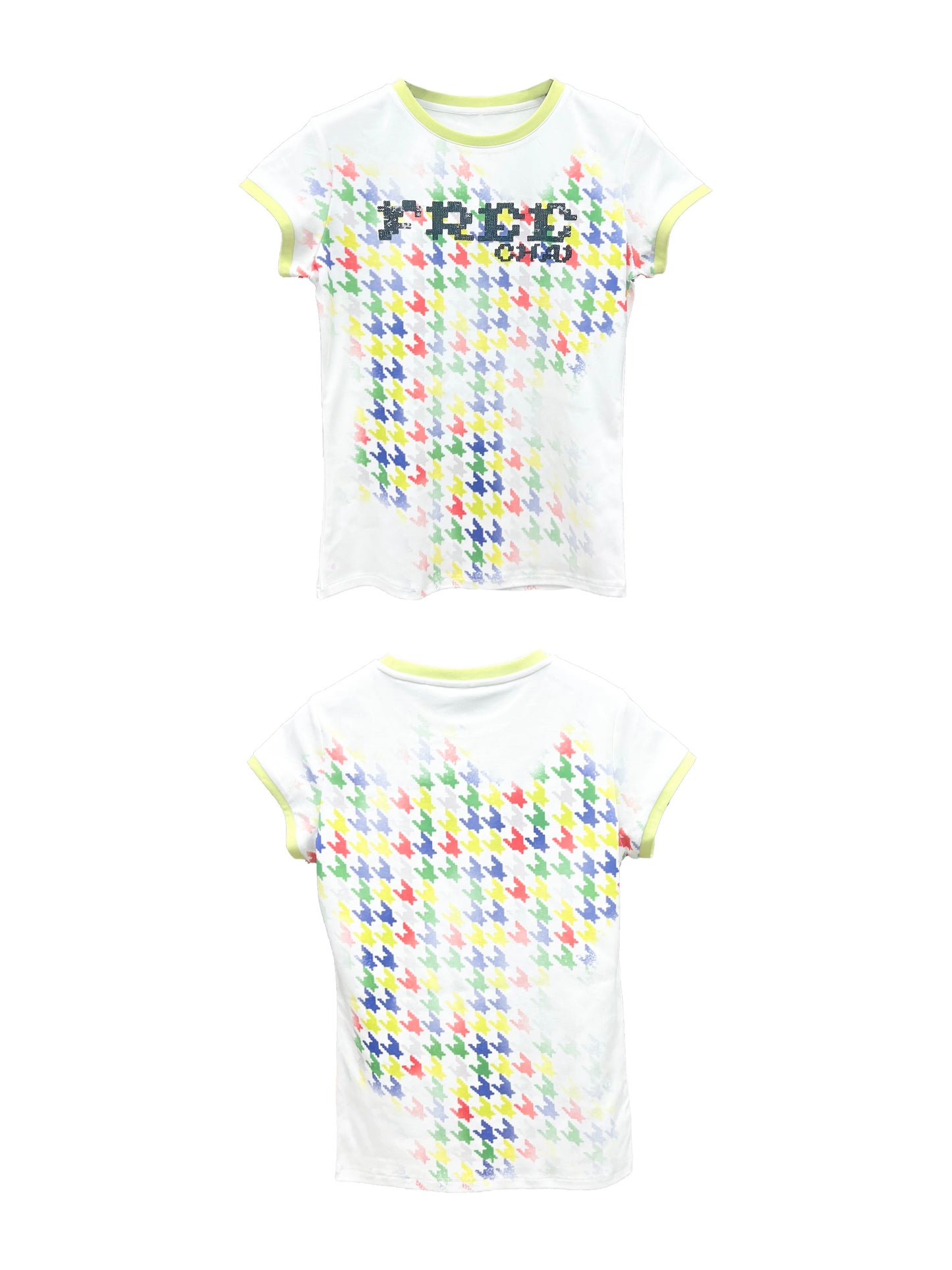CHAI SS26 "Free" Houndstooth Sequin Tee - Deconstructed Contrast Embroidered Shirt