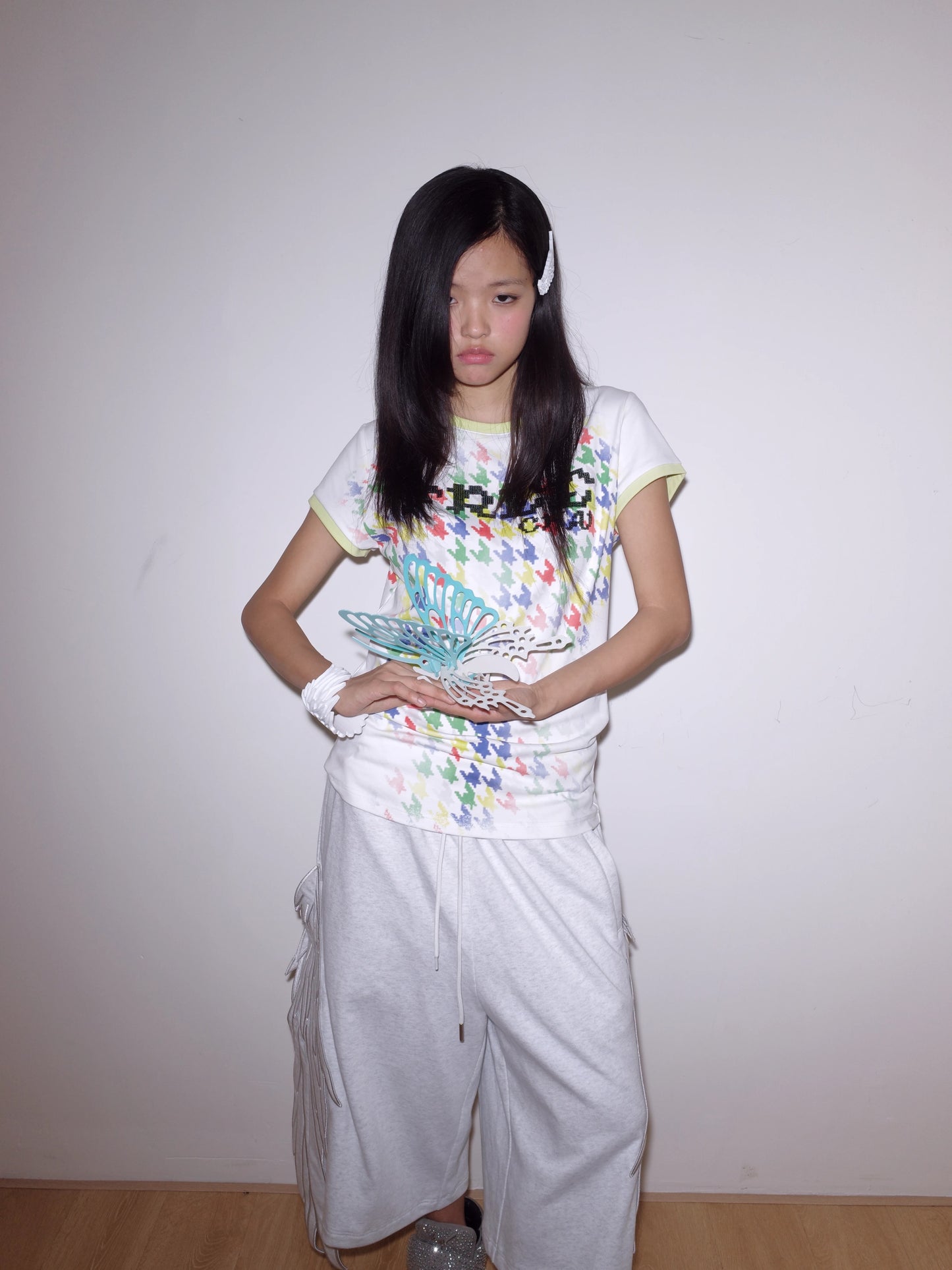 CHAI SS26 "Free" Houndstooth Sequin Tee - Deconstructed Contrast Embroidered Shirt