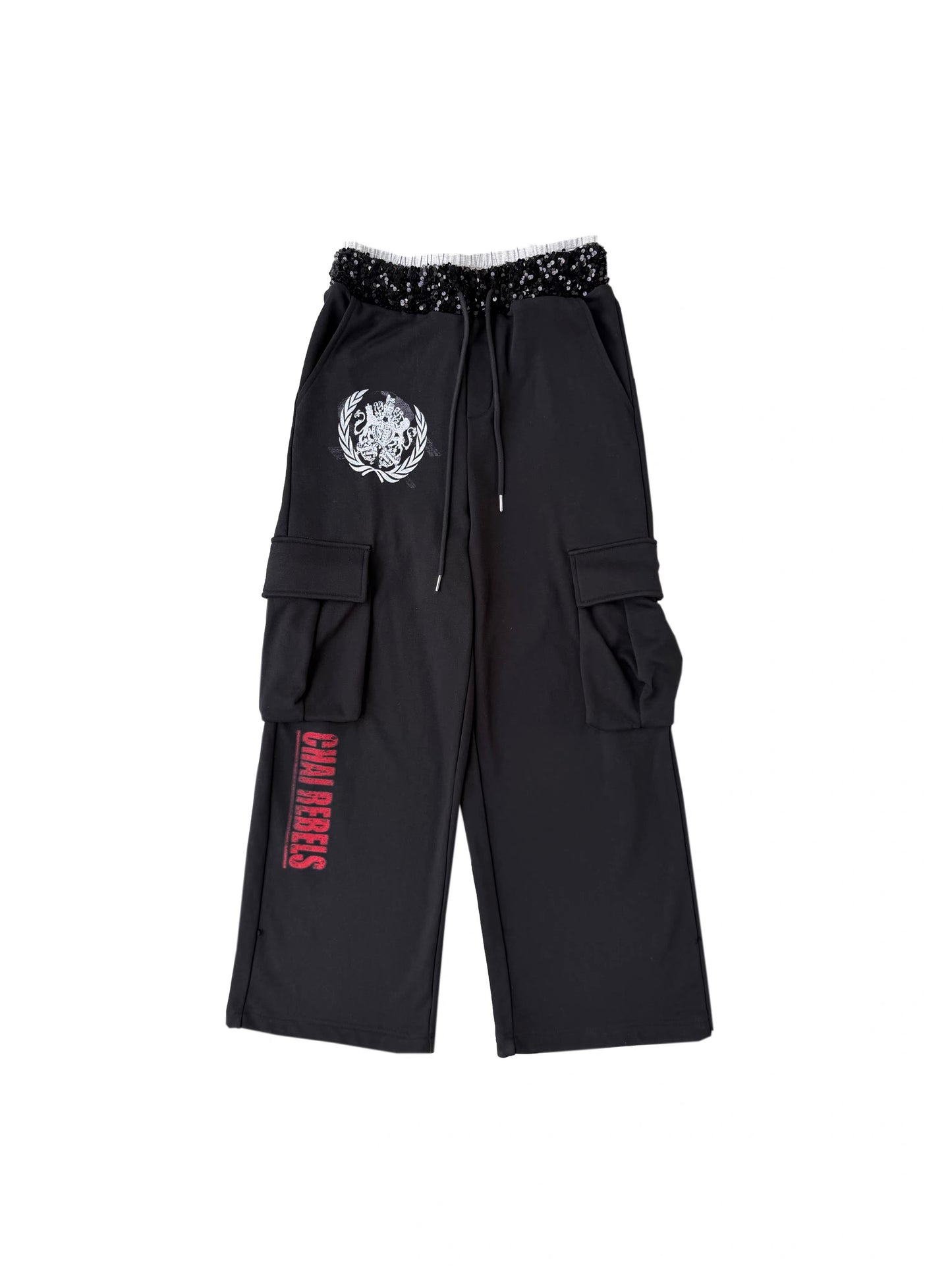 CHAI SS26 Heraldic Print Cargo Sweatpants - Sequin Waistband Multi-Pocket Joggers