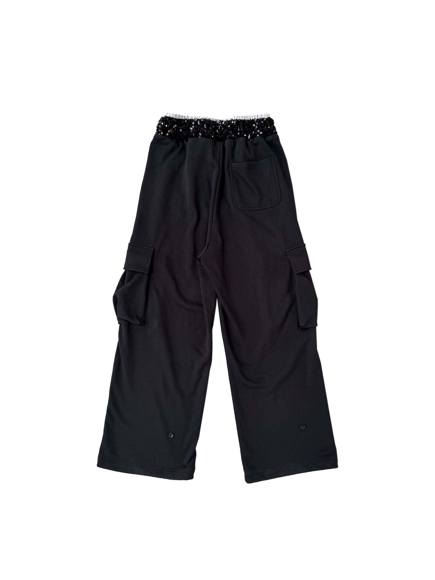 CHAI SS26 Heraldic Print Cargo Sweatpants - Sequin Waistband Multi-Pocket Joggers