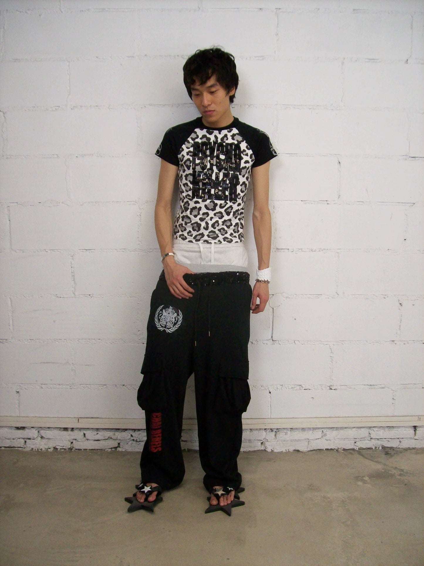 CHAI SS26 Heraldic Print Cargo Sweatpants - Sequin Waistband Multi-Pocket Joggers