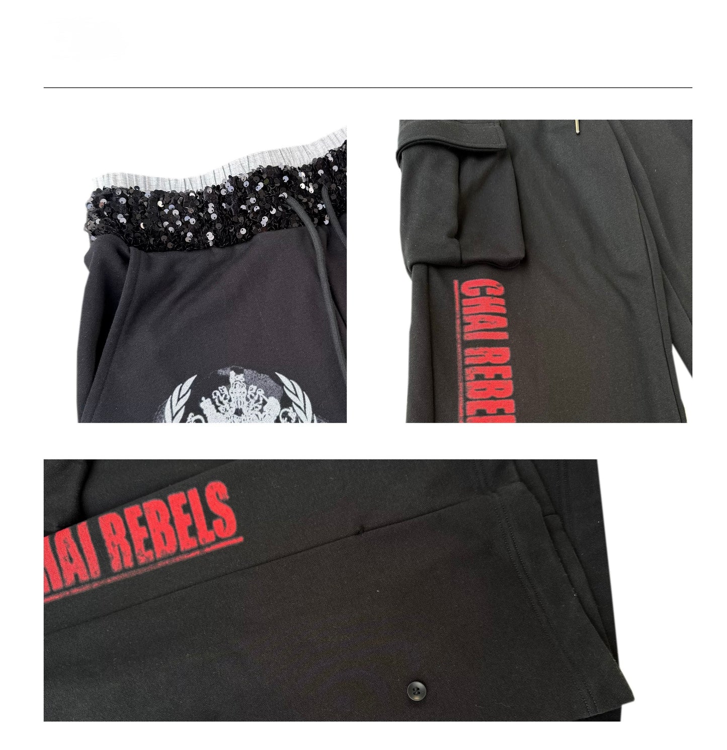 CHAI SS26 Heraldic Print Cargo Sweatpants - Sequin Waistband Multi-Pocket Joggers