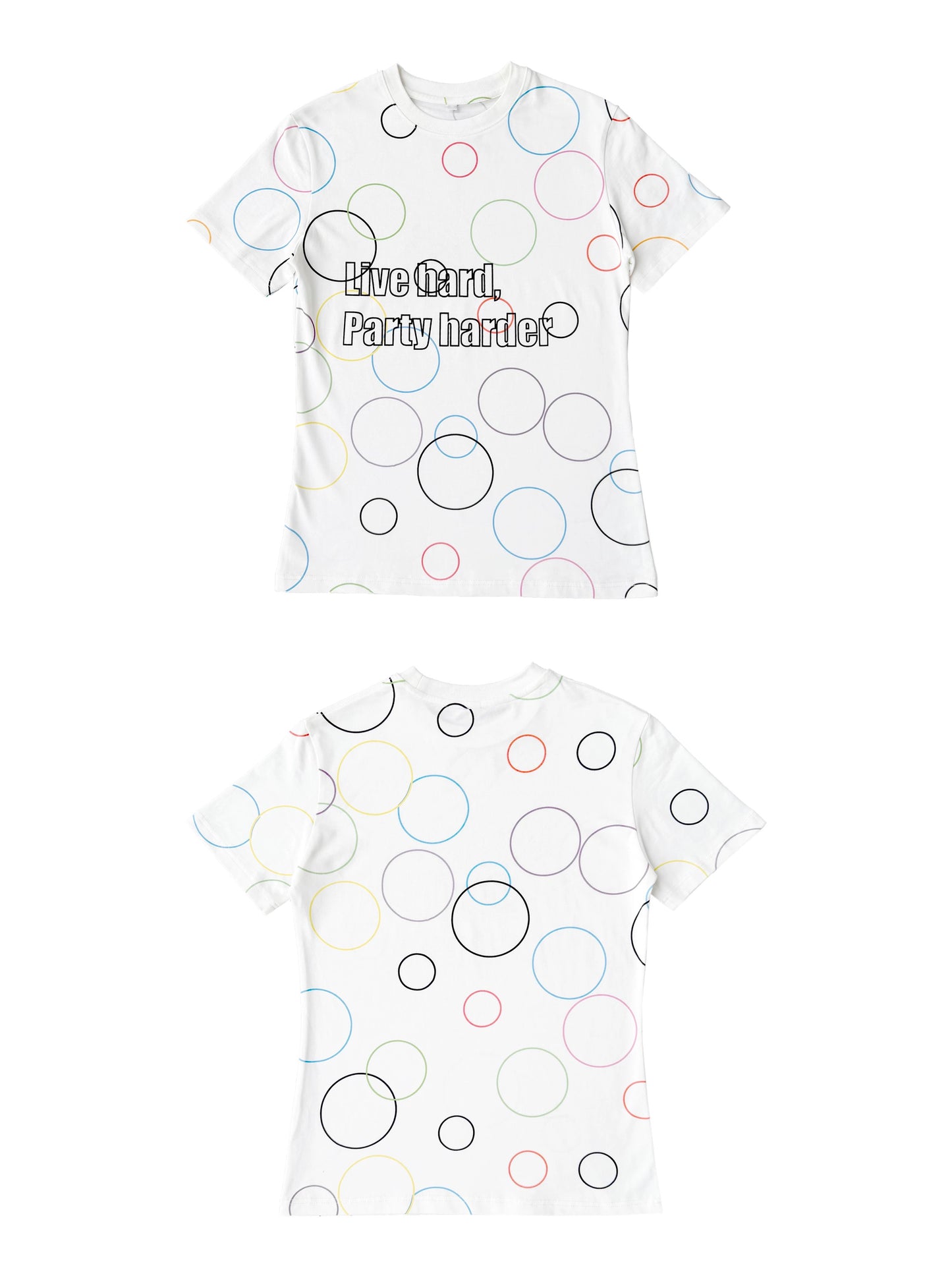 CHAI SS26 "Party Harder" Slogan Tee - Colorful Psychedelic Swirl Slim Baby Tee