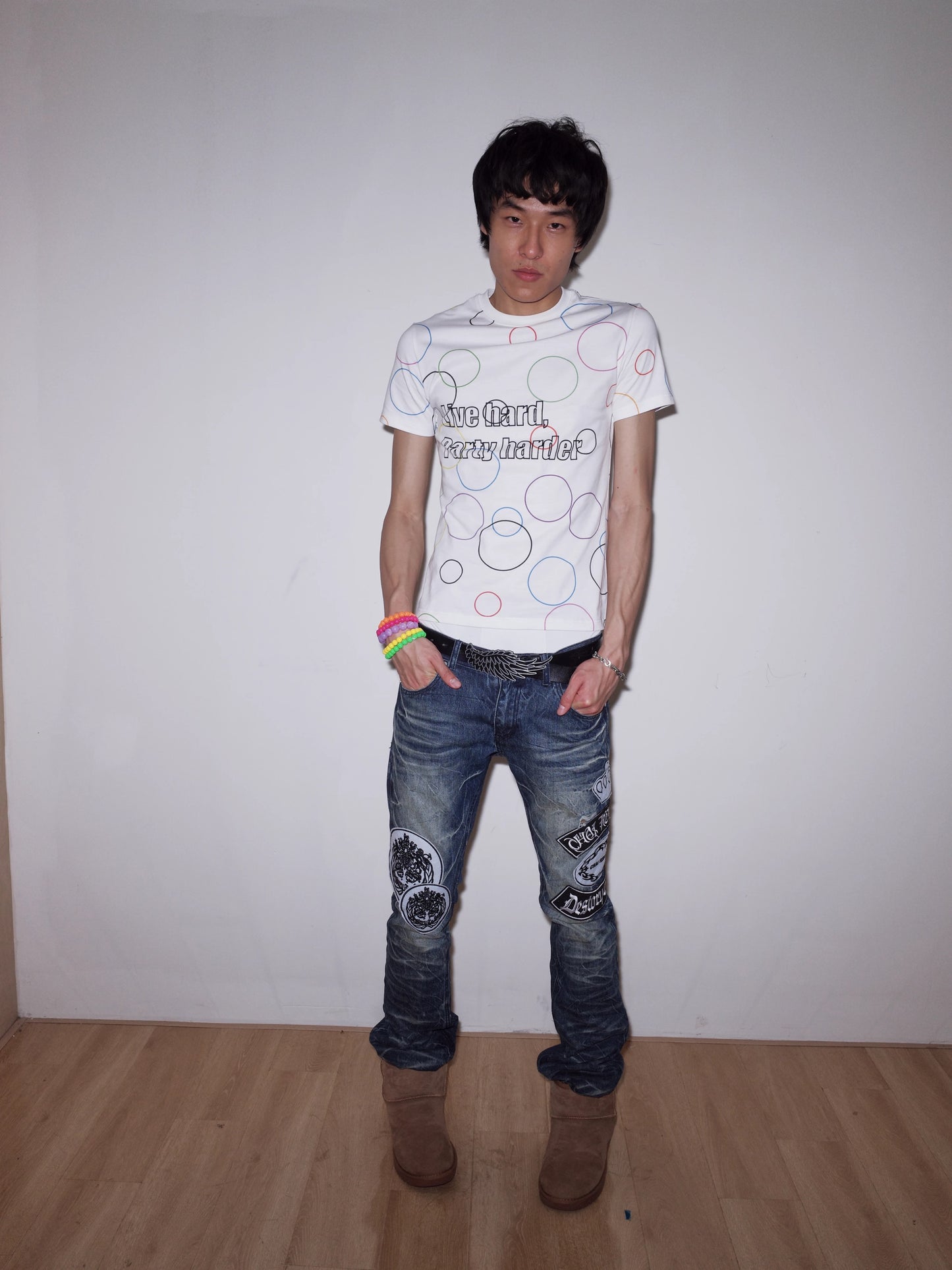 CHAI SS26 "Party Harder" Slogan Tee - Colorful Psychedelic Swirl Slim Baby Tee