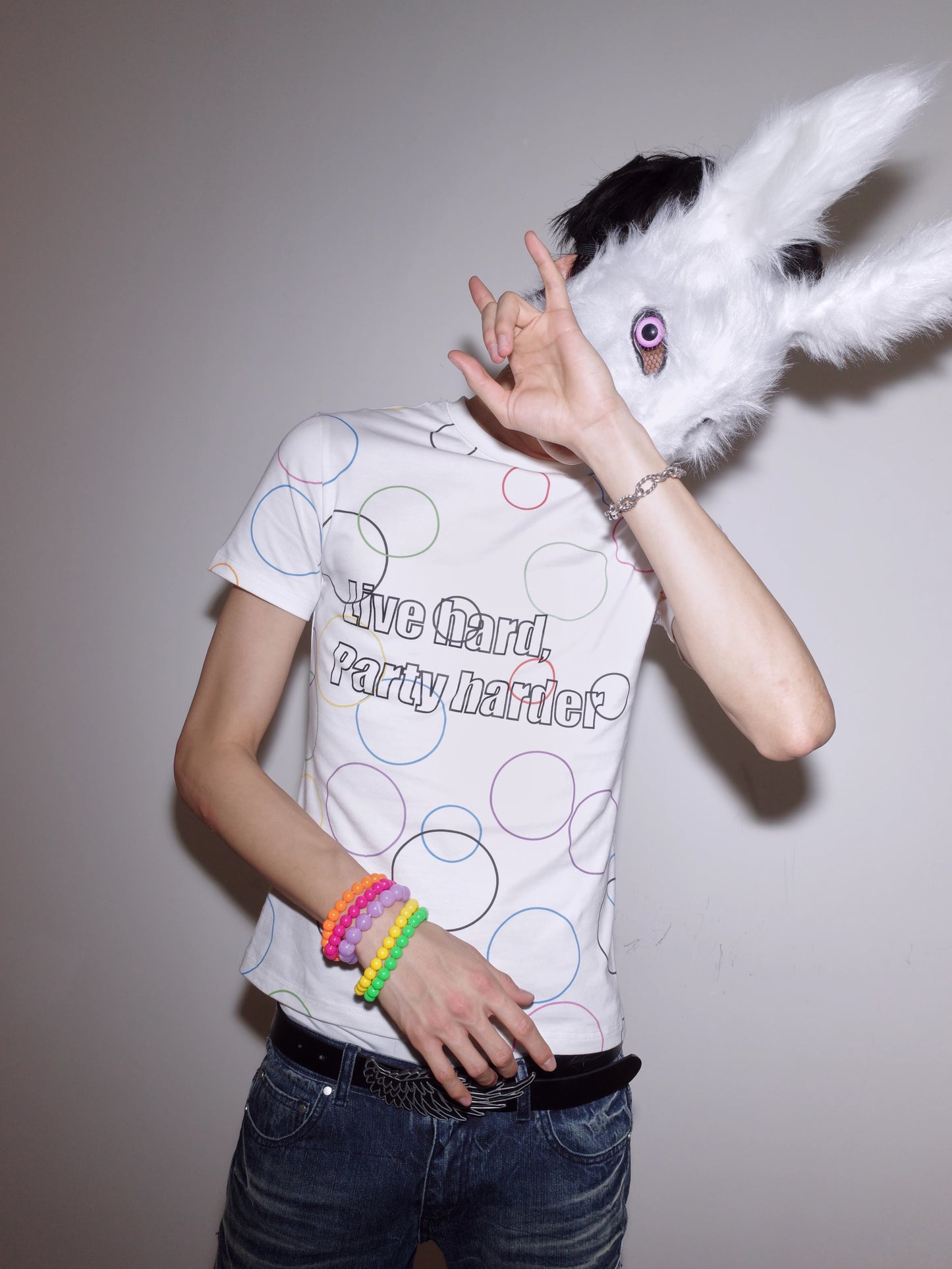 CHAI SS26 "Party Harder" Slogan Tee - Colorful Psychedelic Swirl Slim Baby Tee