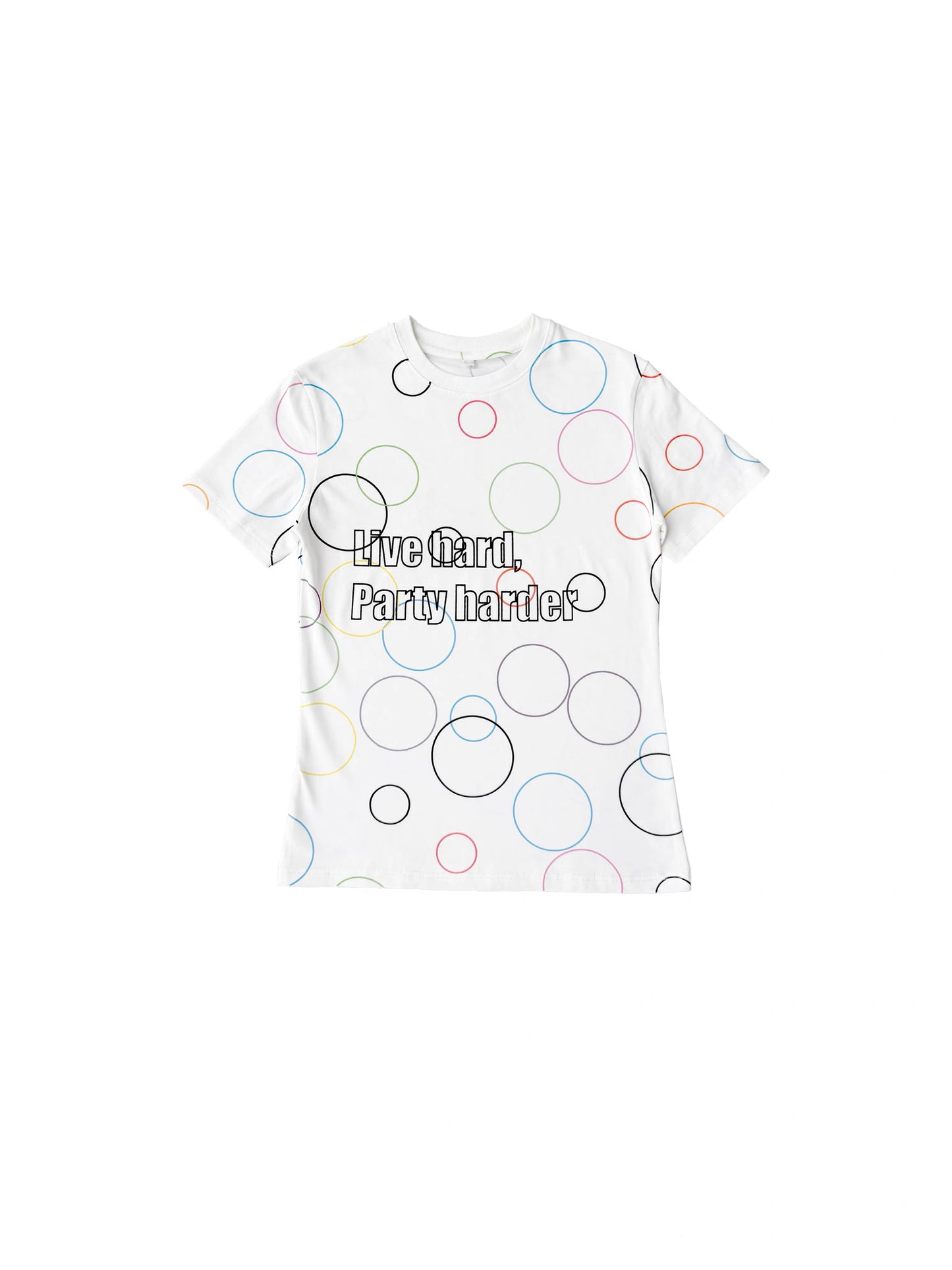 CHAI SS26 "Party Harder" Slogan Tee - Colorful Psychedelic Swirl Slim Baby Tee