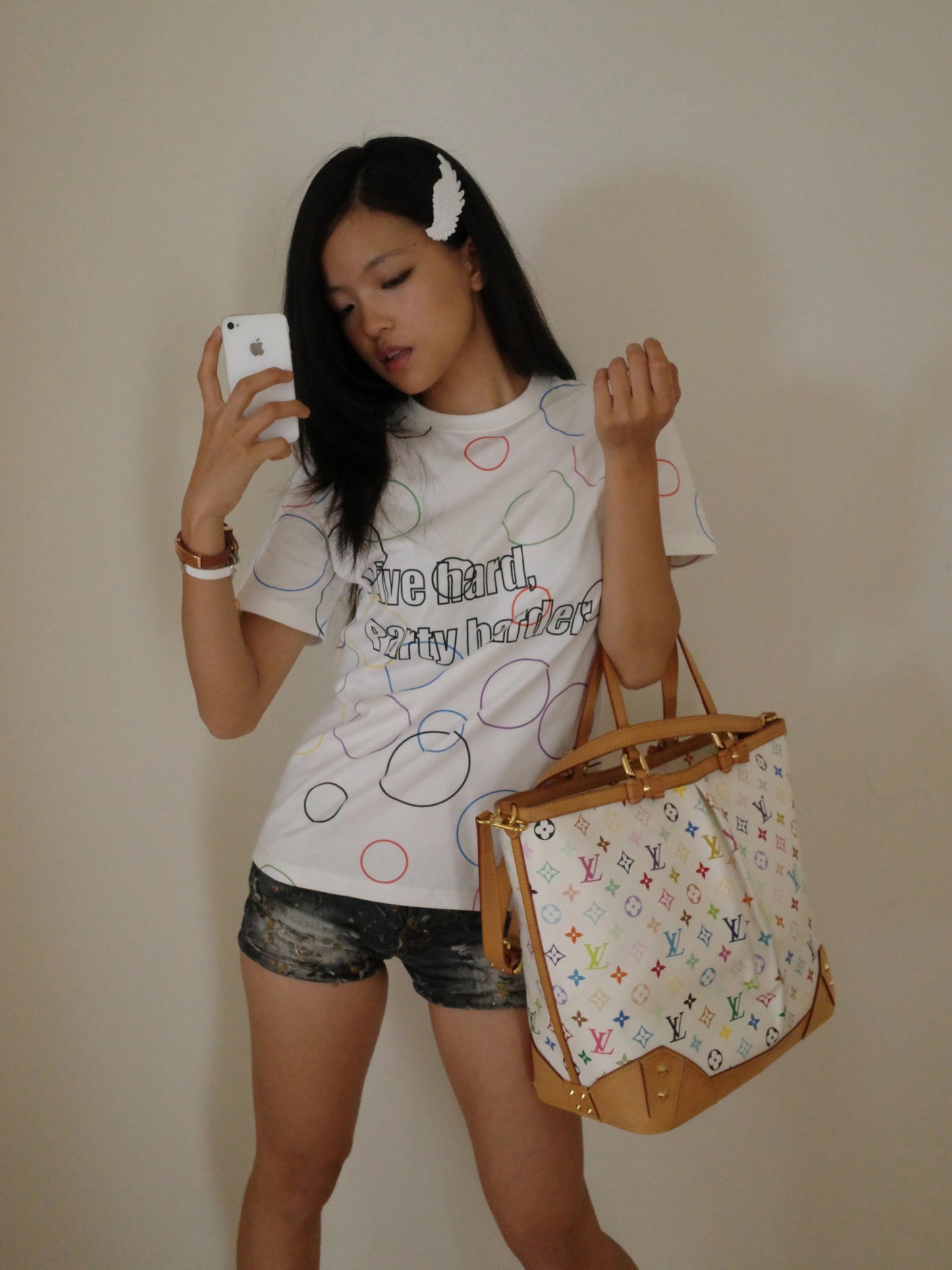 CHAI SS26 "Party Harder" Slogan Tee - Colorful Psychedelic Swirl Slim Baby Tee
