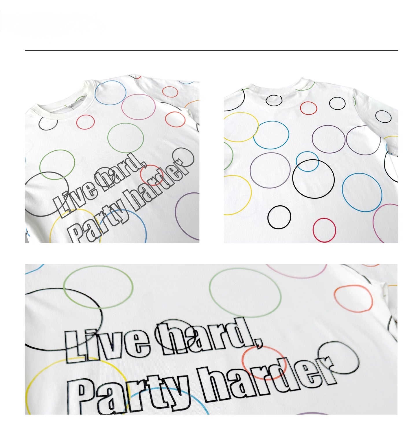 CHAI SS26 "Party Harder" Slogan Tee - Colorful Psychedelic Swirl Slim Baby Tee