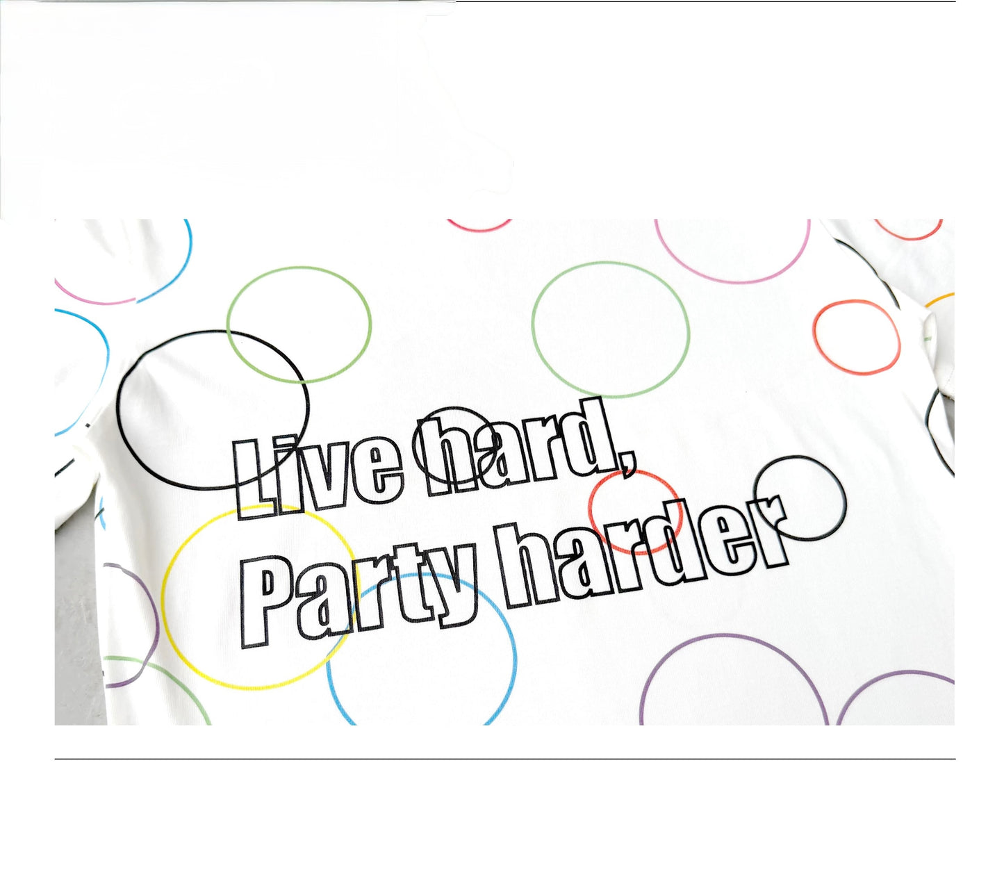 CHAI SS26 "Party Harder" Slogan Tee - Colorful Psychedelic Swirl Slim Baby Tee