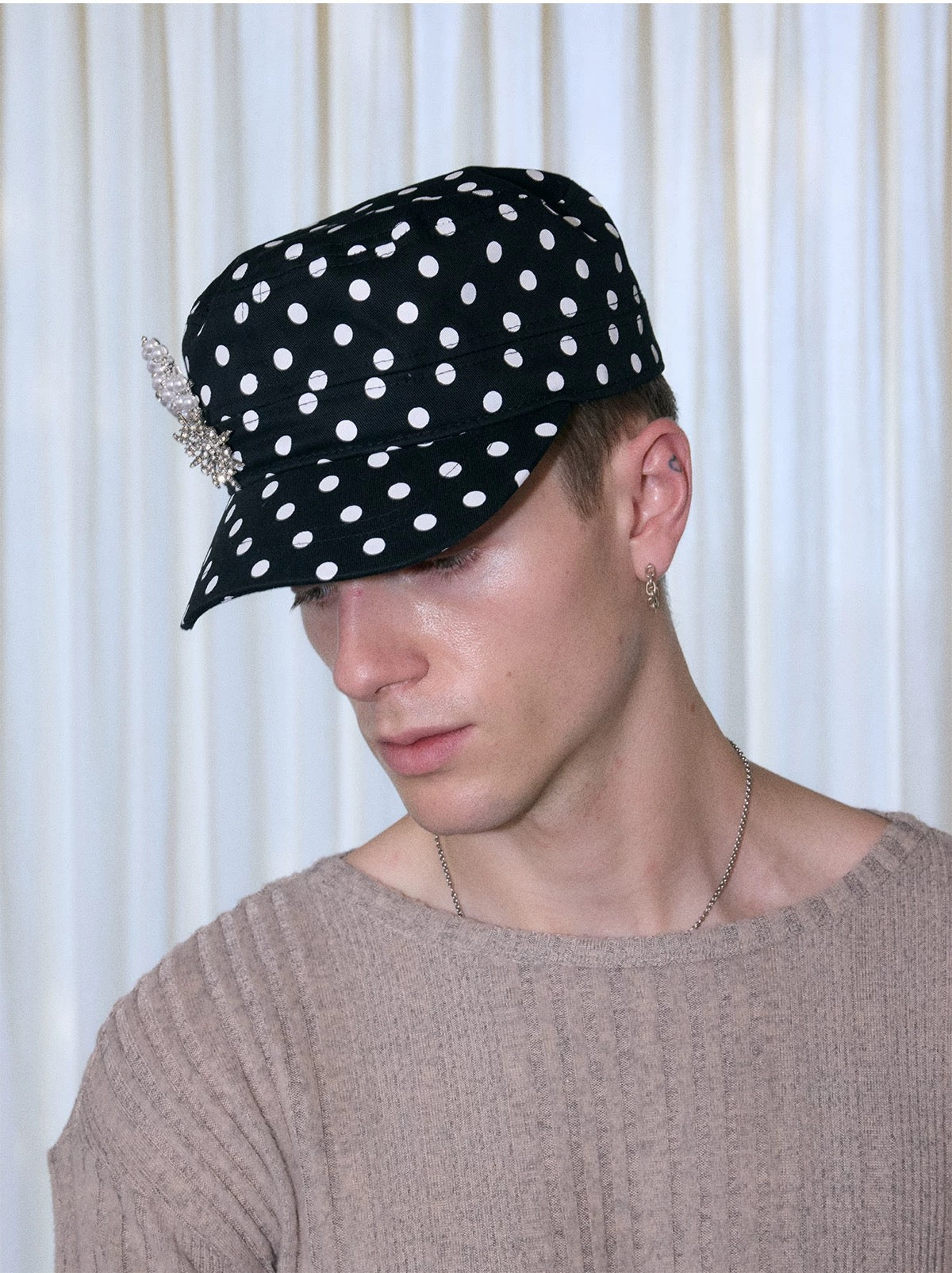 InsGale Retro Polka Dot Flat-Top Cap - Embroidered Curved Peak Baseball Hat