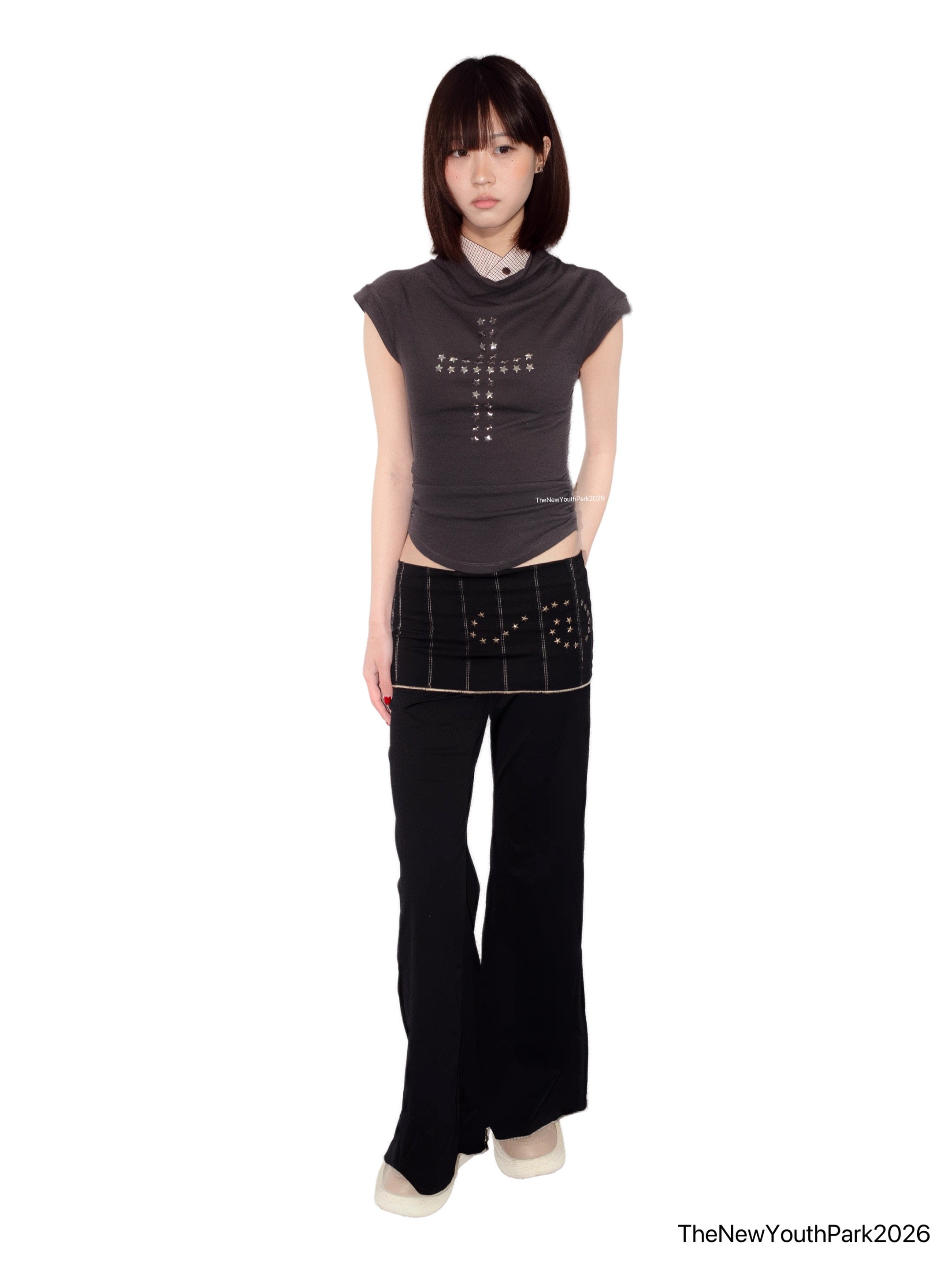 TheNewYouthPark Cowl Neck Star & Cross Top - Rhinestone Slimming Ash Grey Shirt