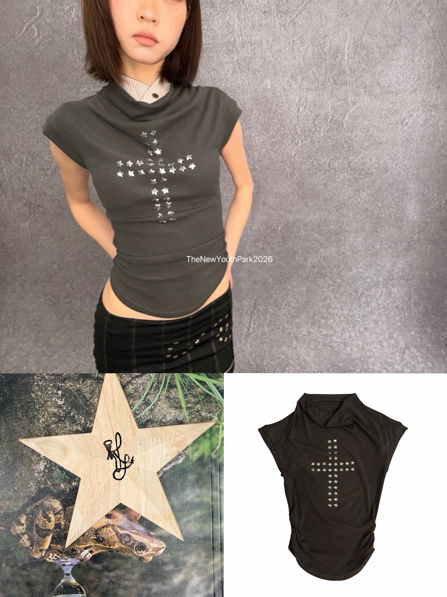 TheNewYouthPark Cowl Neck Star & Cross Top - Rhinestone Slimming Ash Grey Shirt