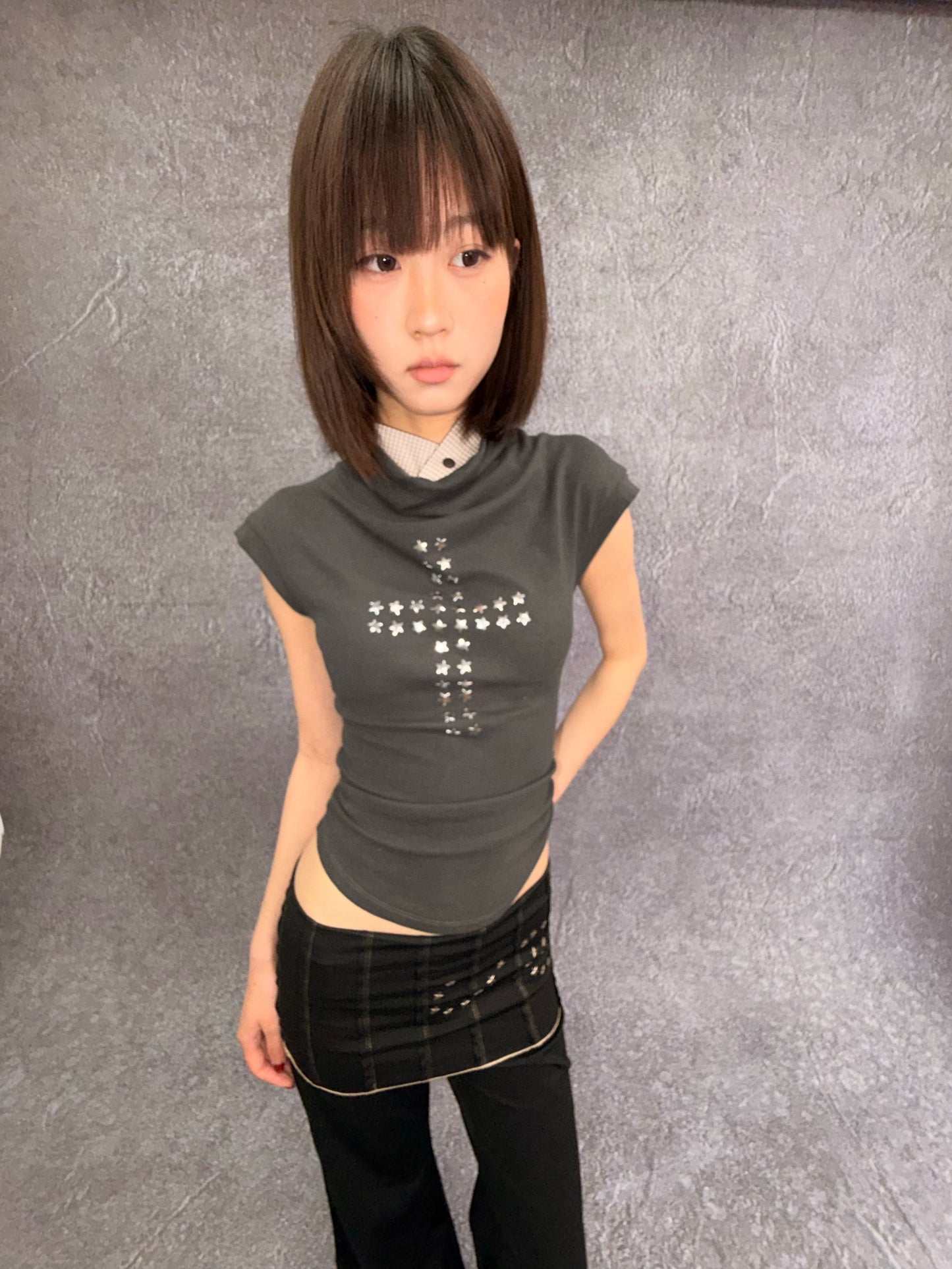 TheNewYouthPark Cowl Neck Star & Cross Top - Rhinestone Slimming Ash Grey Shirt