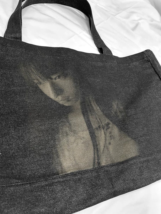Portrait Laser Engraved Raw Denim Tote Bag - view 2