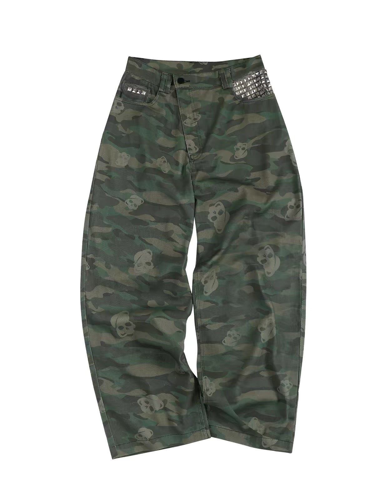 Night Lab Retro Camouflage Wide-Leg Cargo Pants - Studded Skull Detail Baggy Sweats