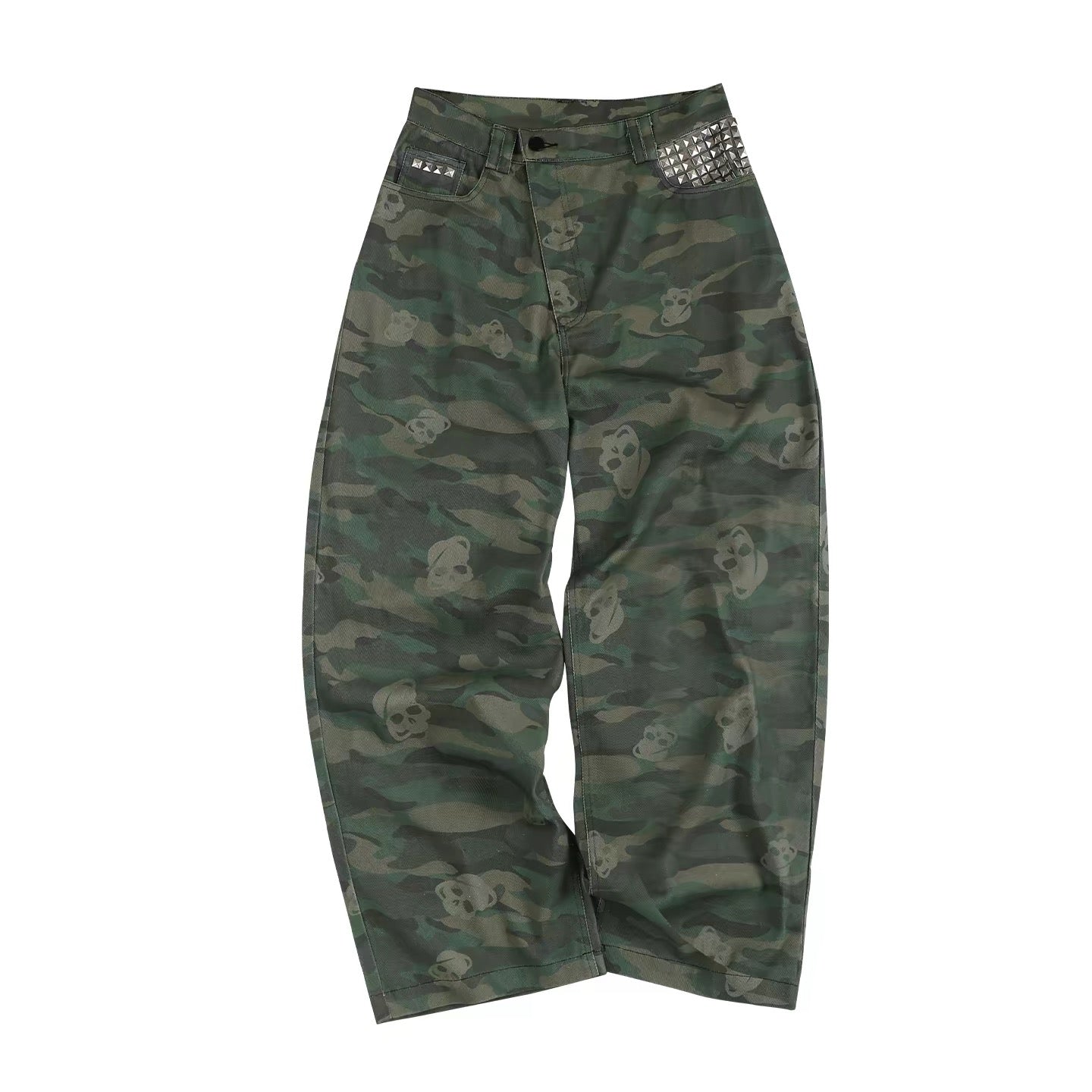 Night Lab Retro Camouflage Wide-Leg Cargo Pants - Studded Skull Detail Baggy Sweats