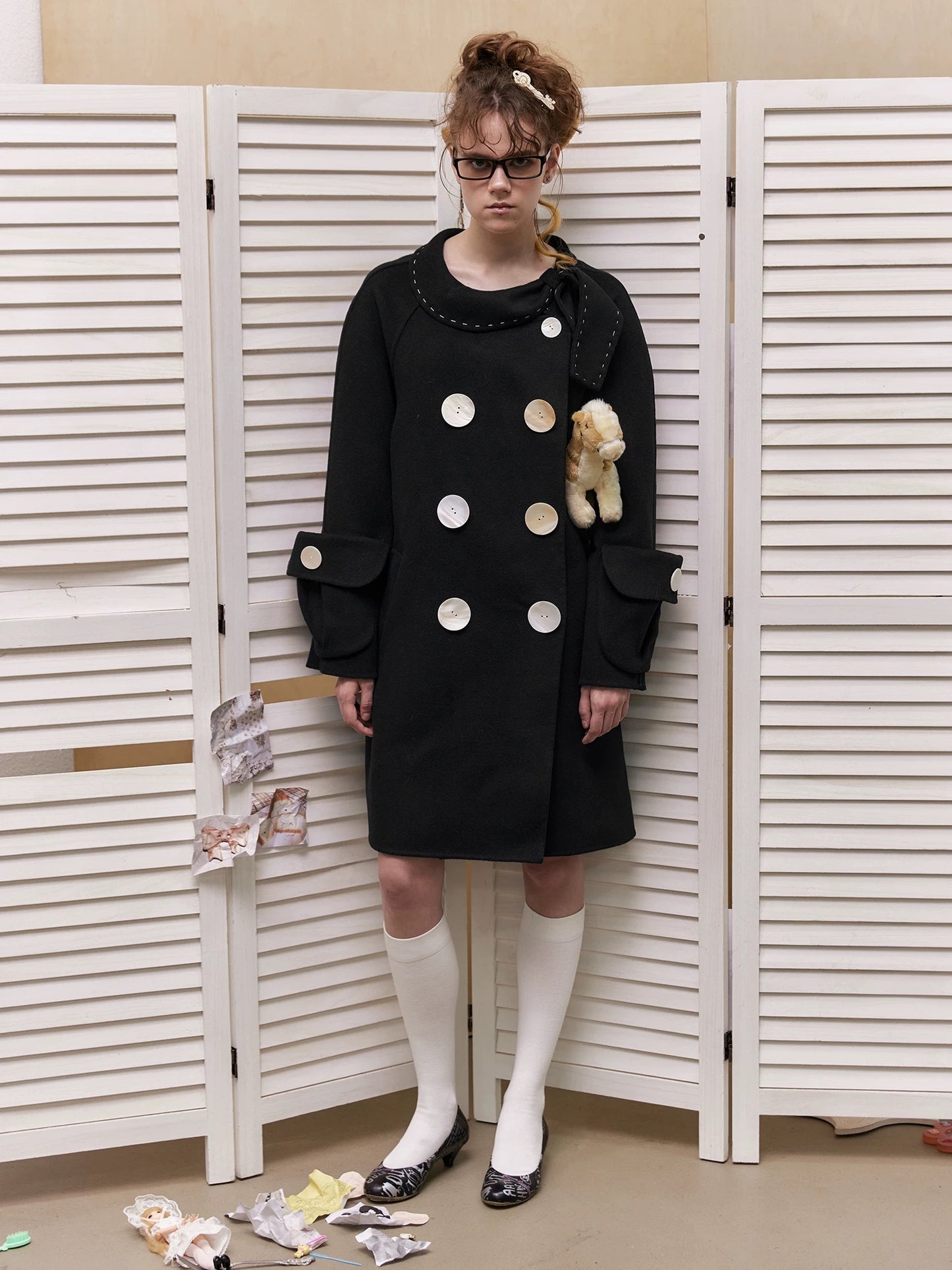 Handcrafted Wool Oversized Coat with Shell Buttons