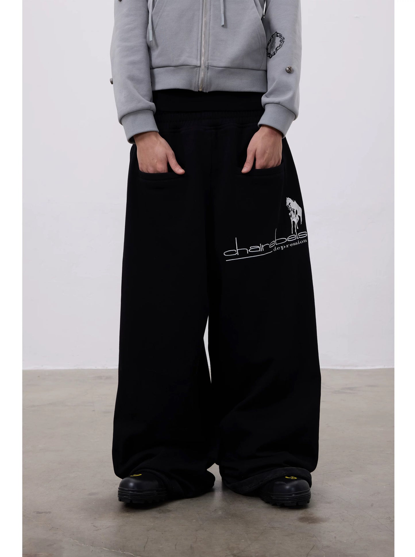 Black Reversible Horse Embroidery Baggy Sweatpants