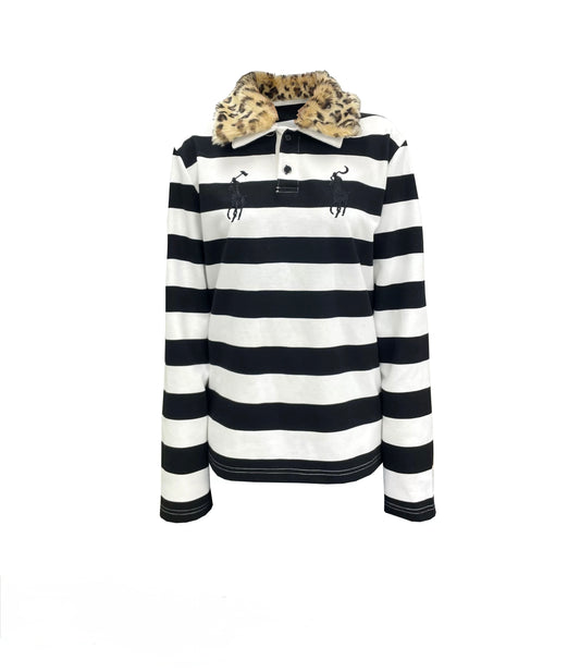 可拆式豹紋領刺繡棉質 Polo 衫