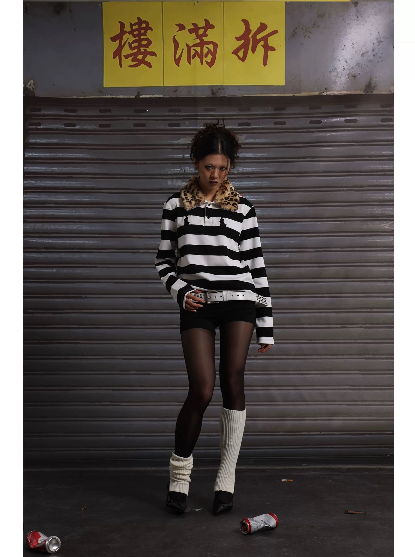 可拆式豹紋領刺繡棉質 Polo 衫