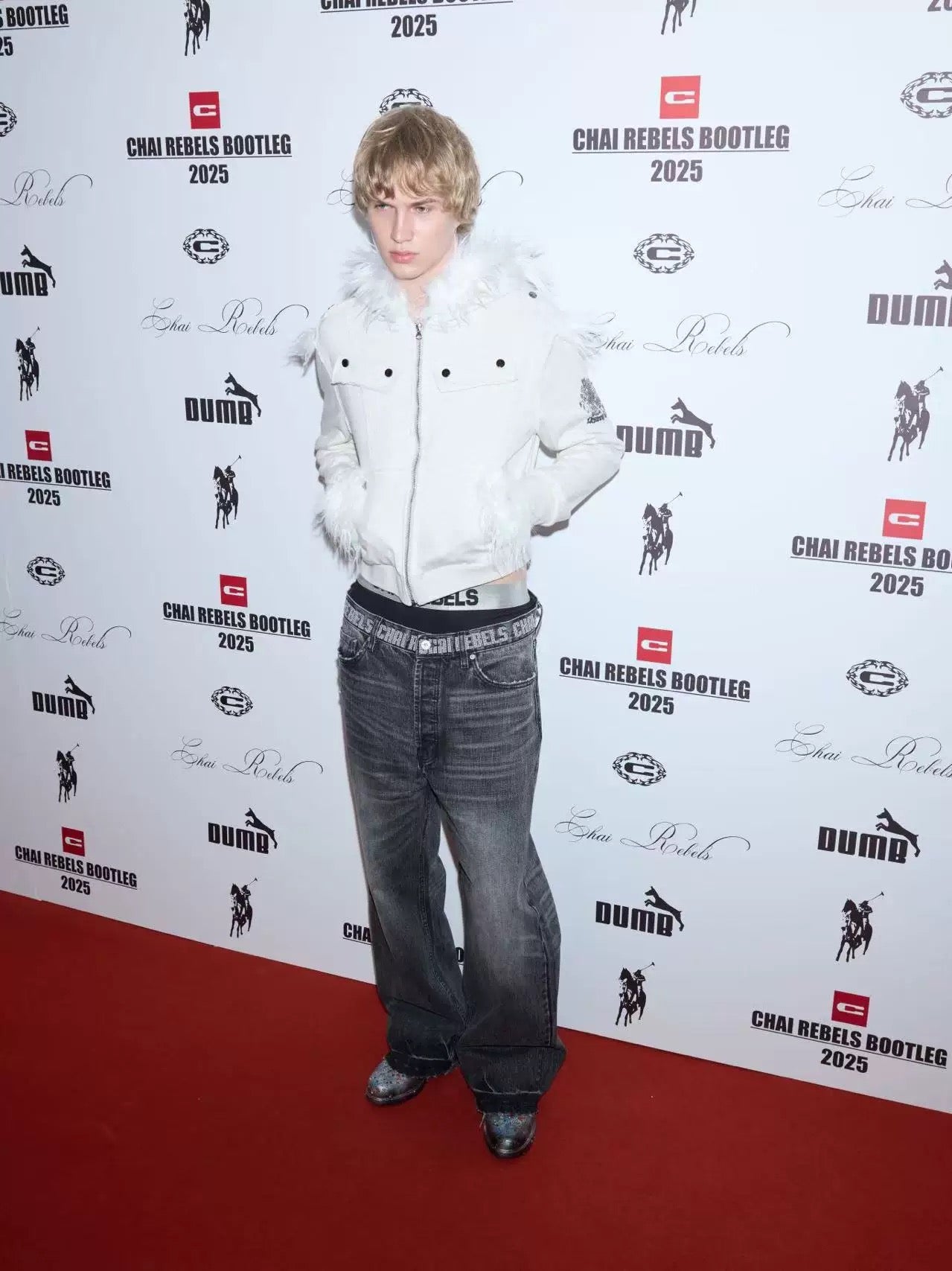 徽章印花毛邊拼接毛領夾克