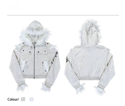 徽章印花毛邊拼接毛領夾克