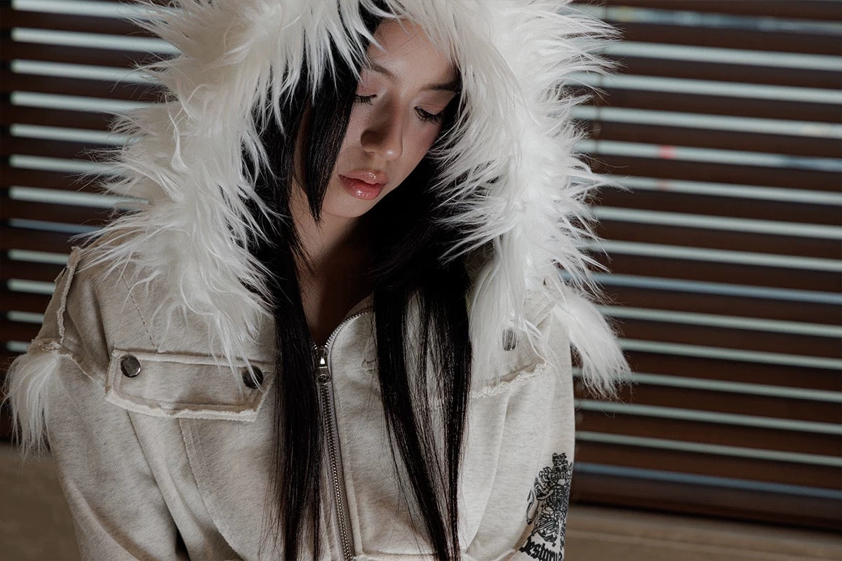 徽章印花毛邊拼接毛領夾克