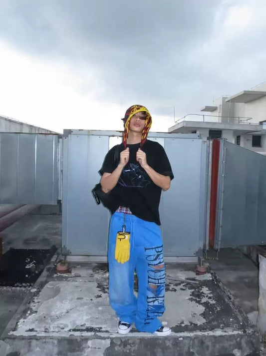 PSYCHOKILLER Washed Blue Distressed Sweatpants