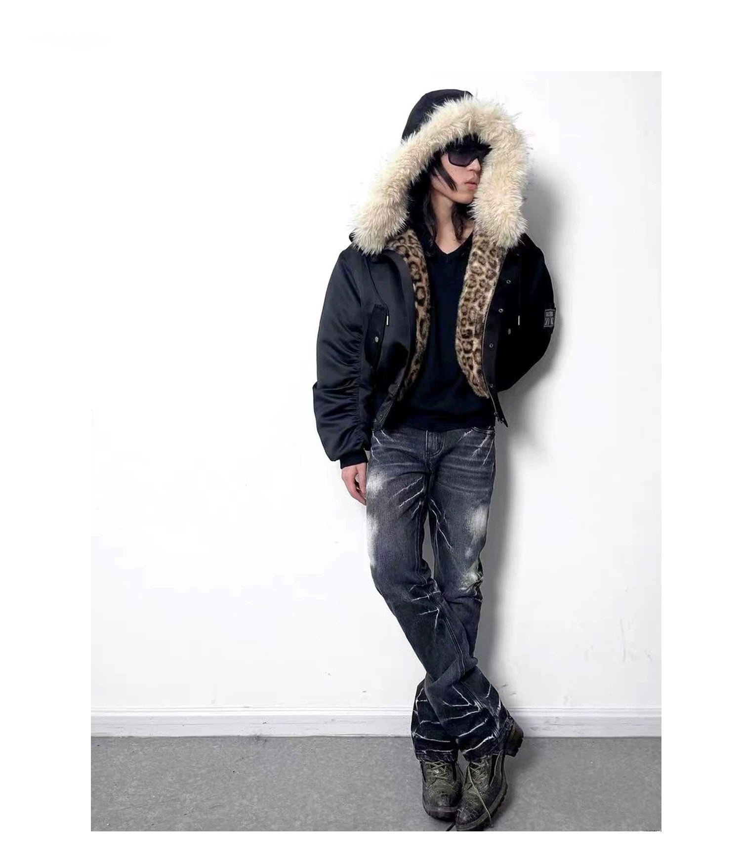 Leopard Hooded Fur Collar Bomber Jacket