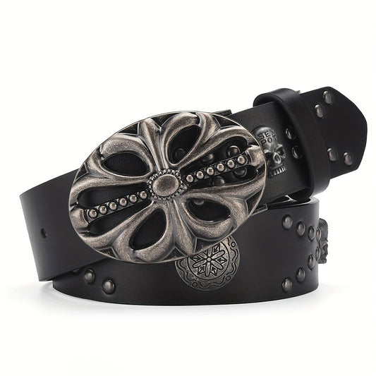Skull Studded Star Engraved Buckle Belt